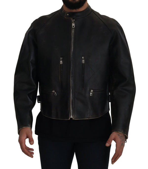 Elegant Black Leather Jacket with Silver Details Dolce & Gabbana