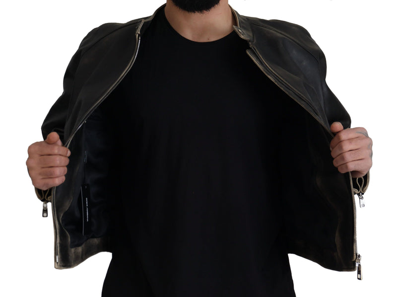 Elegant Black Leather Jacket with Silver Details Dolce & Gabbana