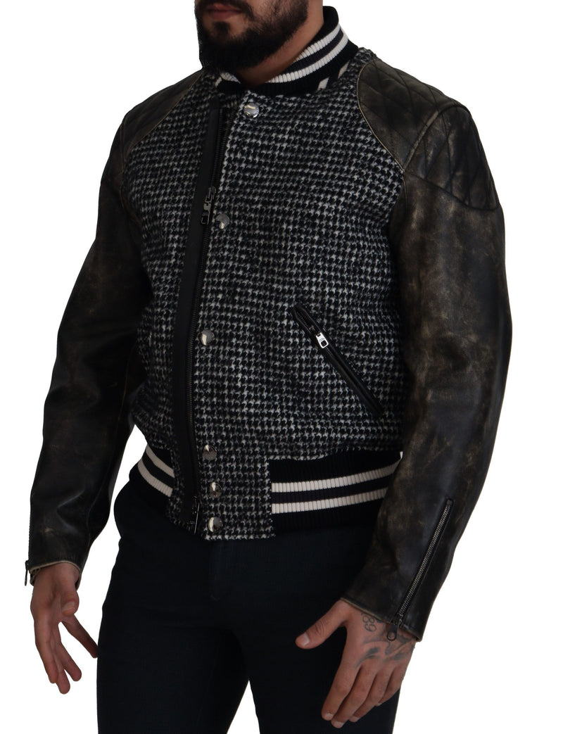 Multicolor Houndstooth Leather Bomber Jacket Dolce & Gabbana