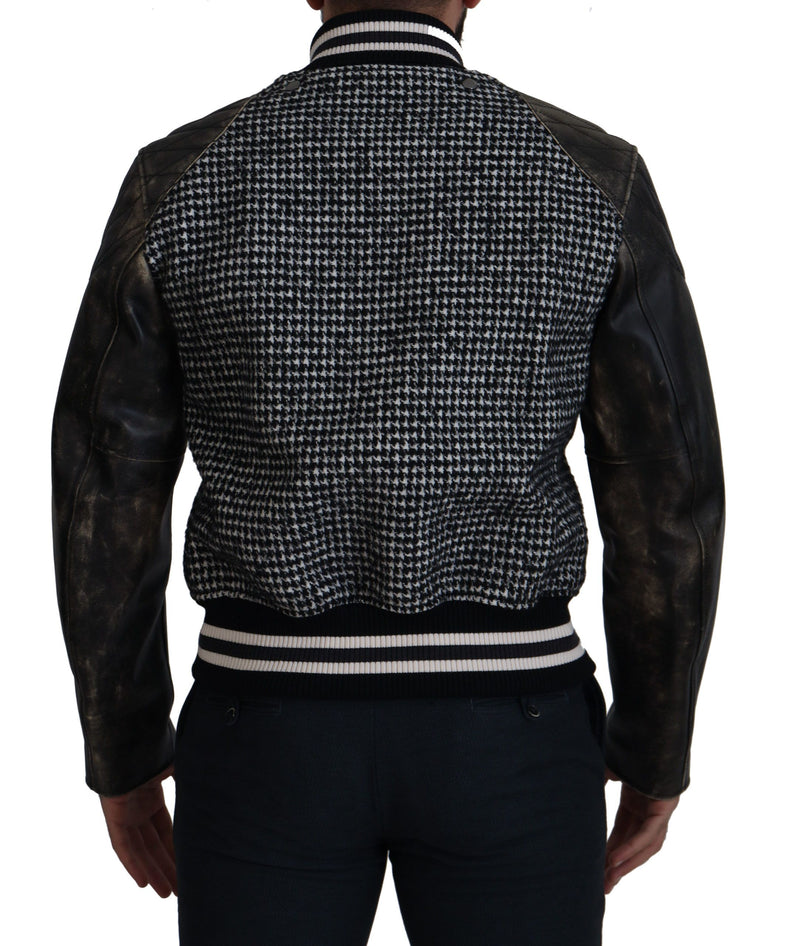 Multicolor Houndstooth Leather Bomber Jacket Dolce & Gabbana