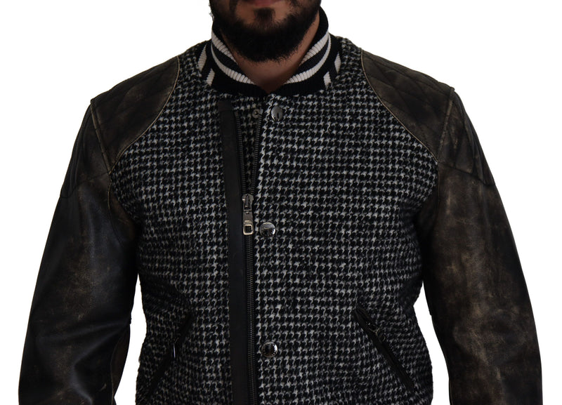 Multicolor Houndstooth Leather Bomber Jacket Dolce & Gabbana