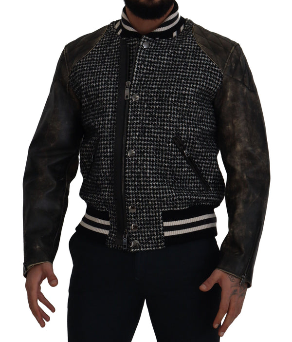 Multicolor Houndstooth Leather Bomber Jacket Dolce & Gabbana