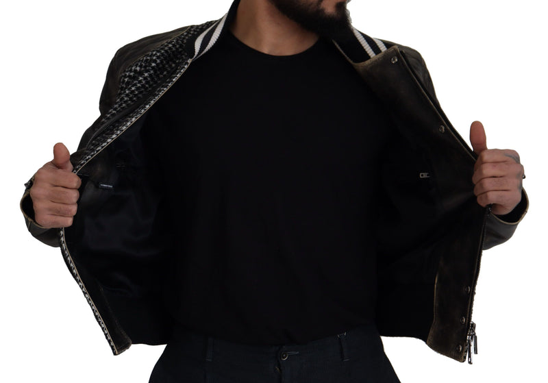 Multicolor Houndstooth Leather Bomber Jacket Dolce & Gabbana