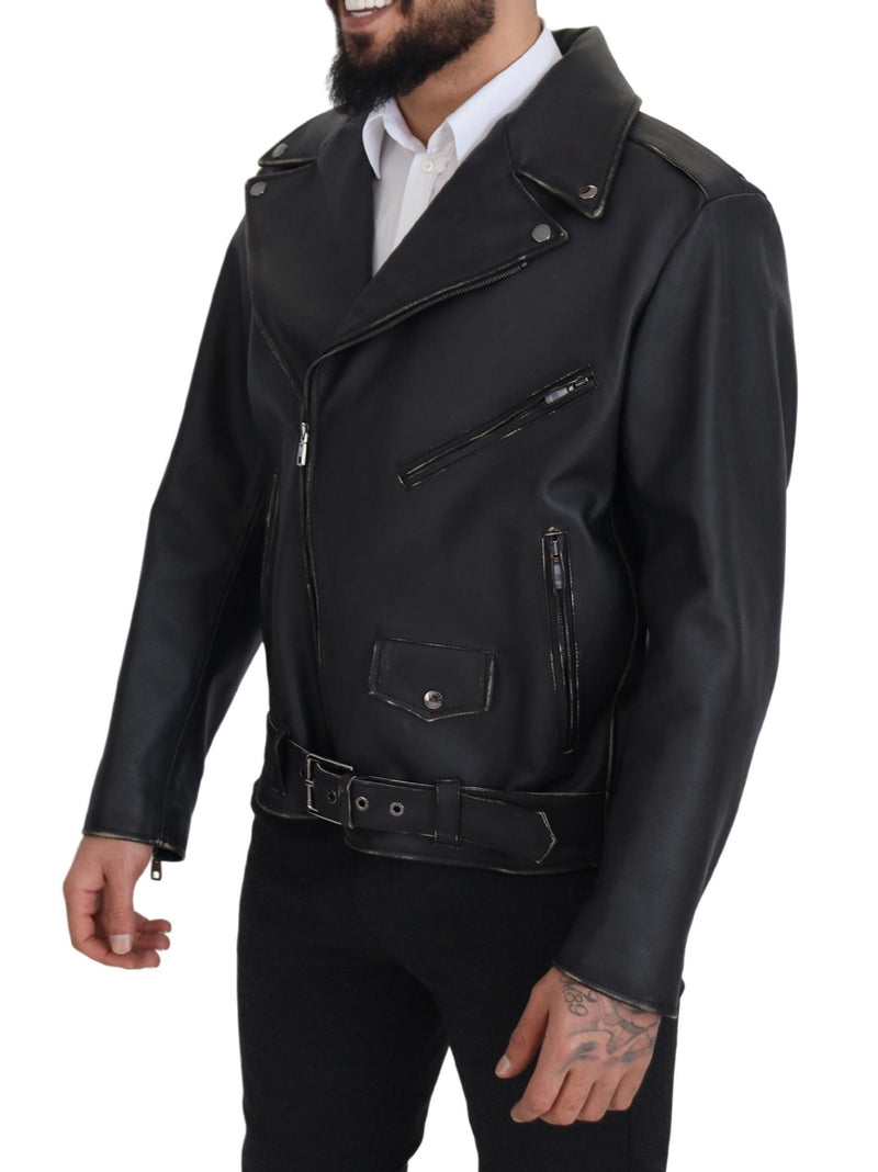 Elegant Black Leather Biker Jacket Dolce & Gabbana