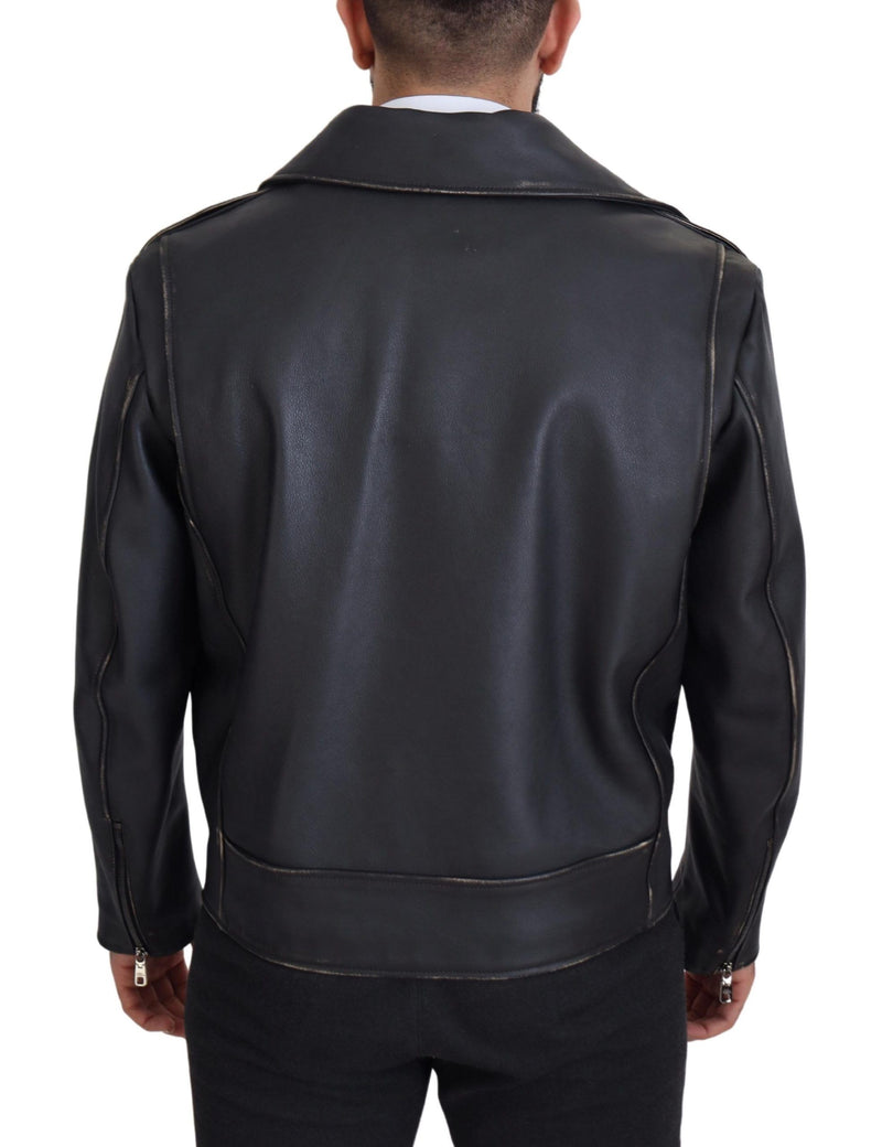 Elegant Black Leather Biker Jacket Dolce & Gabbana