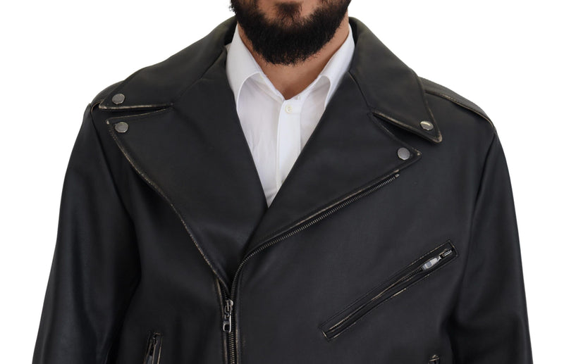 Elegant Black Leather Biker Jacket Dolce & Gabbana