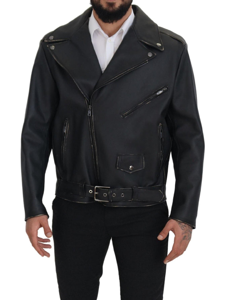 Elegant Black Leather Biker Jacket Dolce & Gabbana