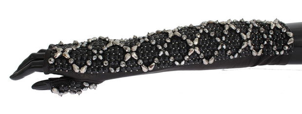 Elegant Black Crystal Beaded Leather Gloves Dolce & Gabbana