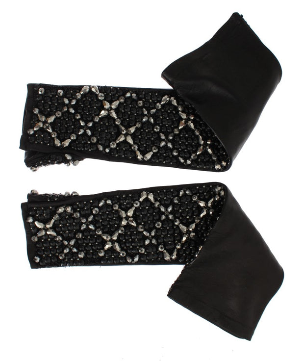 Elegant Black Crystal Beaded Leather Gloves Dolce & Gabbana