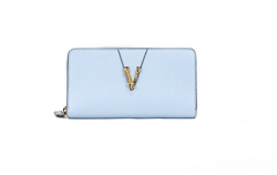 Large Cornflower Grainy Leather Gold Monogram Zip Around Clutch Wallet Versace