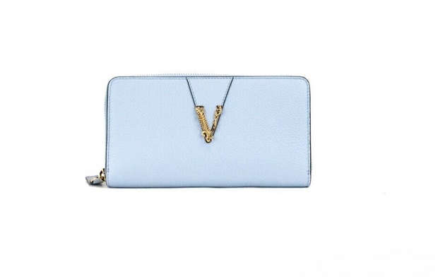 Large Cornflower Grainy Leather Gold Monogram Zip Around Clutch Wallet Versace