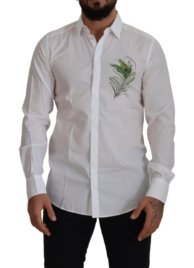 Elegant White Peacock Feather Dress Shirt Dolce & Gabbana