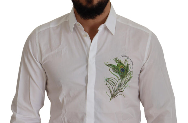 Elegant White Peacock Feather Dress Shirt Dolce & Gabbana