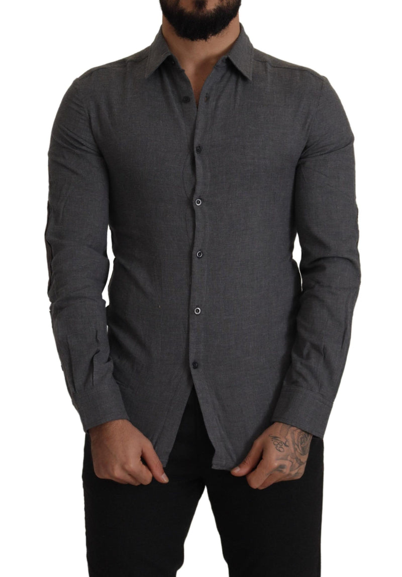 Sleek Gray Cotton Casual Button Front Shirt Costume National