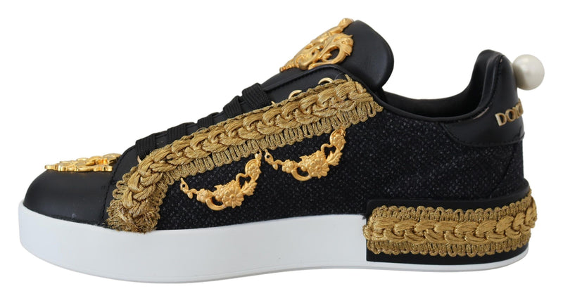 Elegant Portofino Leather Sneakers in Black Dolce & Gabbana