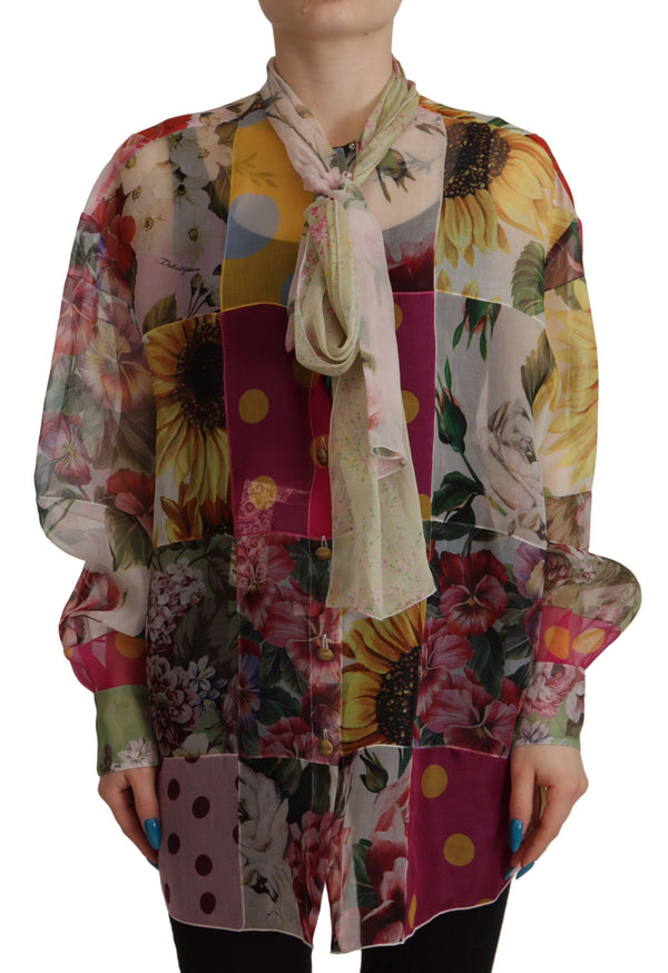 Multicolor Silk Ascot Collar Blouse Dolce & Gabbana