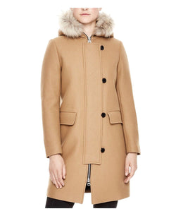 Women's Camel Kurt Wool Coat Fur Trim Hood Sandro