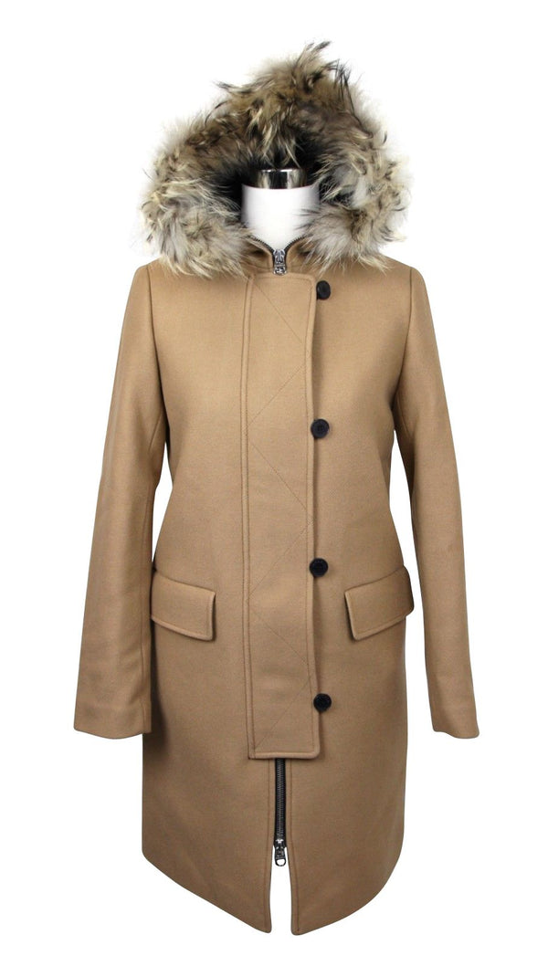 Women's Camel Kurt Wool Coat Fur Trim Hood Sandro