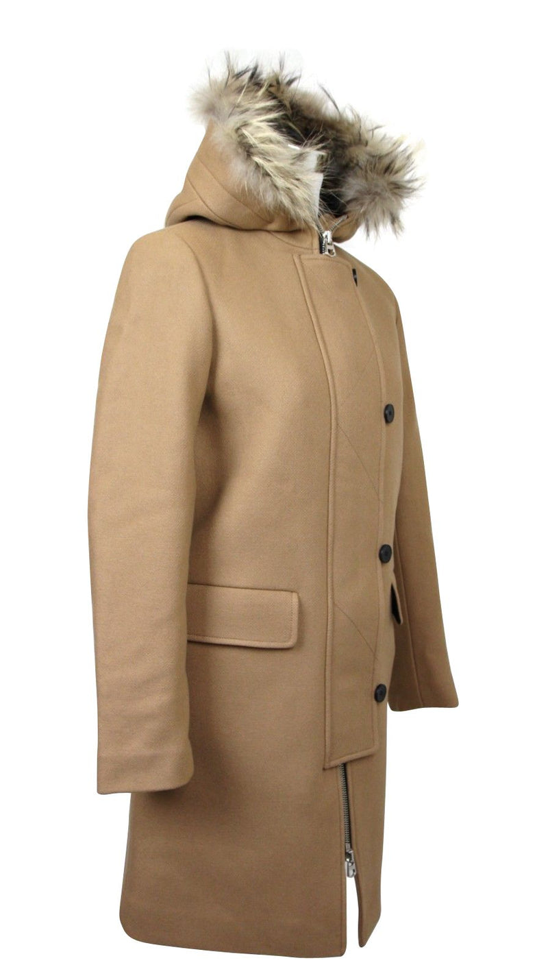 Women's Camel Kurt Wool Coat Fur Trim Hood Sandro