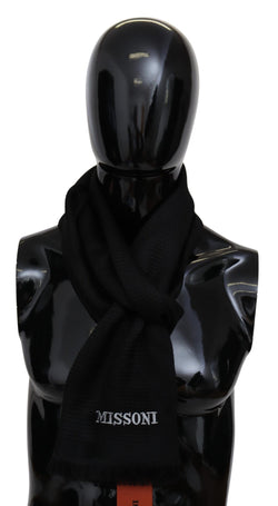 Black Wool Blend Unisex Neck Wrap Fringes Men's Scarf Missoni