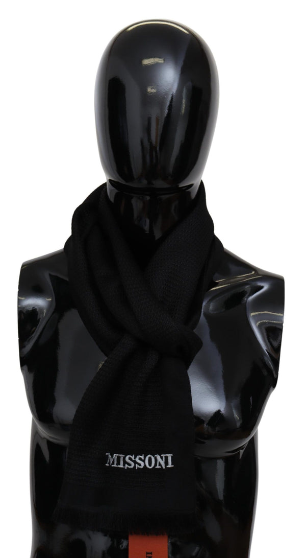 Black Wool Blend Unisex Neck Wrap Fringes Men's Scarf Missoni