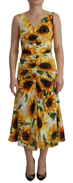 Elegant White Floral Print Midi Dress Dolce & Gabbana