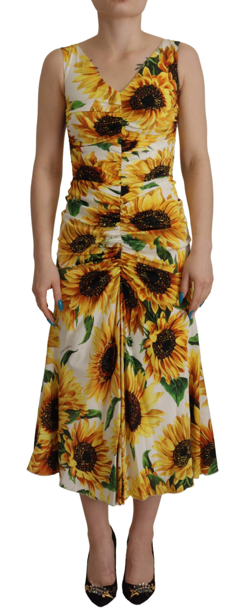 Elegant White Floral Print Midi Dress Dolce & Gabbana