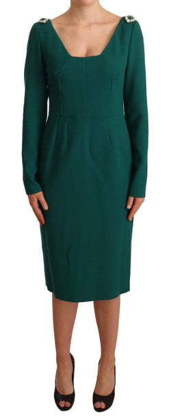 Emerald Green Midi Sheath Dress with Crystal Brooch Dolce & Gabbana