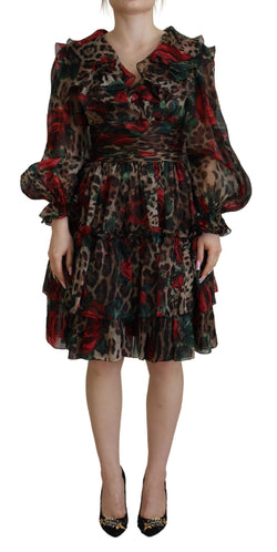 Silk Leopard Print & Red Roses Dress Dolce & Gabbana