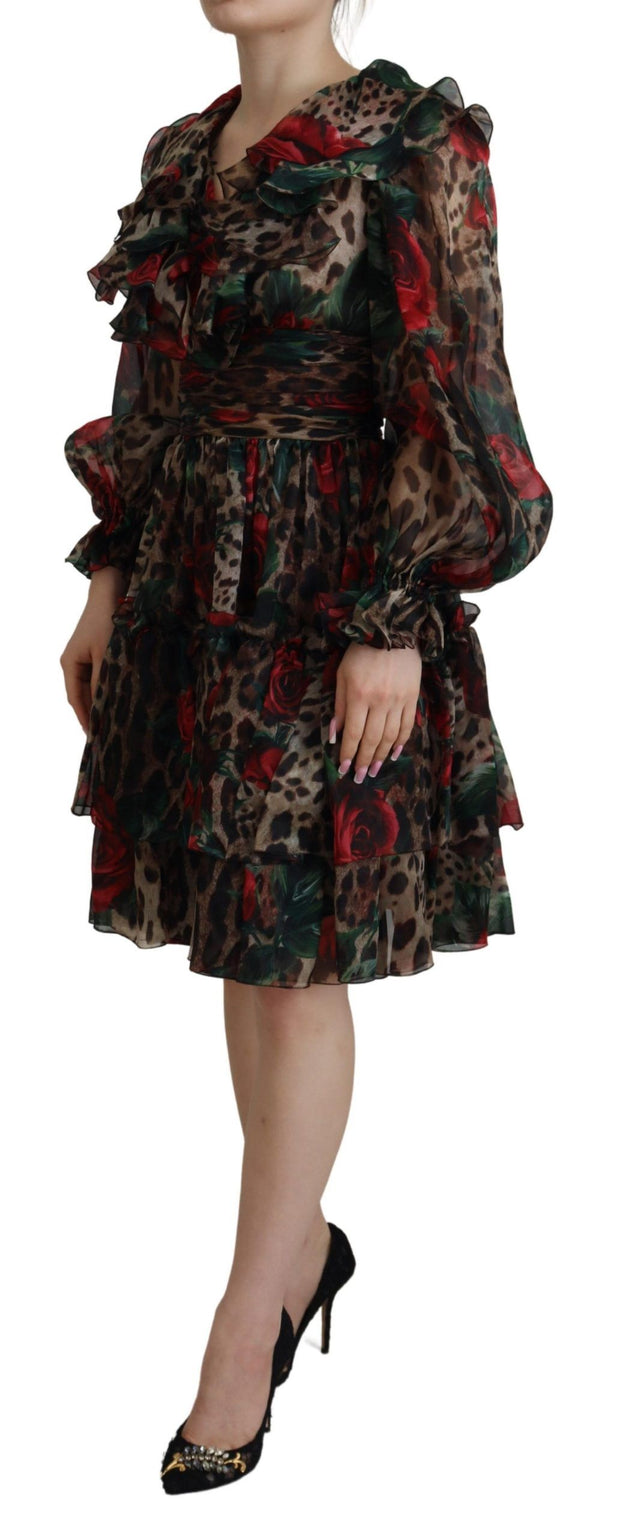 Silk Leopard Print & Red Roses Dress Dolce & Gabbana