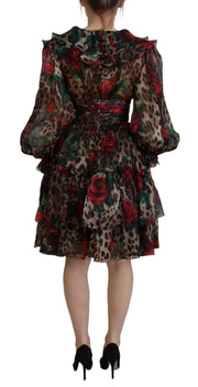 Silk Leopard Print & Red Roses Dress Dolce & Gabbana