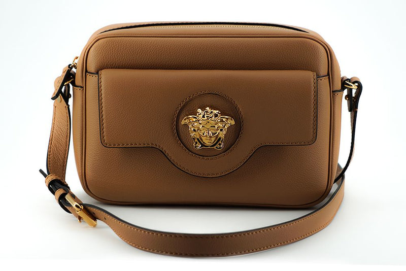 Elegant Brown Leather Camera Case Shoulder Bag Versace