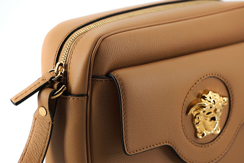 Elegant Brown Leather Camera Case Shoulder Bag Versace