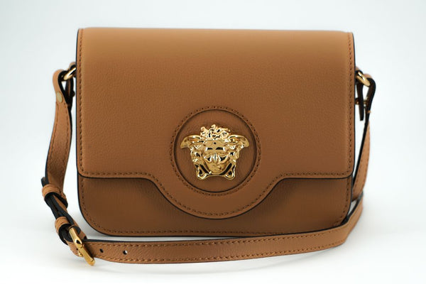 Elegant Calf Leather Shoulder Bag in Brown Versace