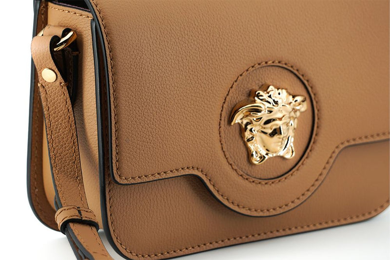 Elegant Calf Leather Shoulder Bag in Brown Versace