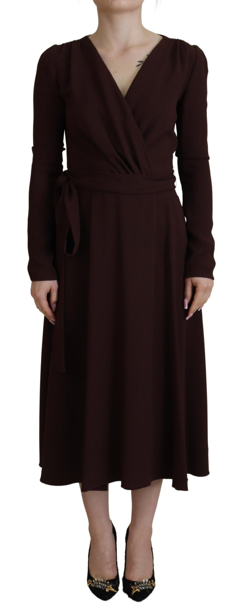 Elegant Brown Long Sleeve Wrap Dress Dolce & Gabbana