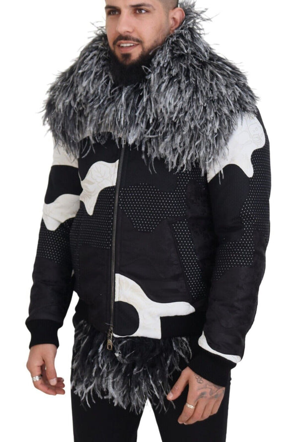 Elegant Shearling Zip Jacket in Black & White Dolce & Gabbana