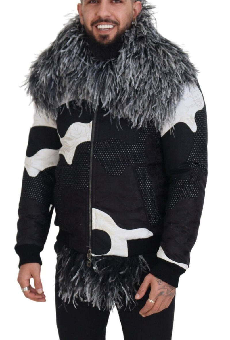 Elegant Shearling Zip Jacket in Black & White Dolce & Gabbana