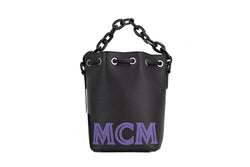 Mini Black Purple Smooth Leather Chain Shoulder Drawstring Bucket Handbag MCM