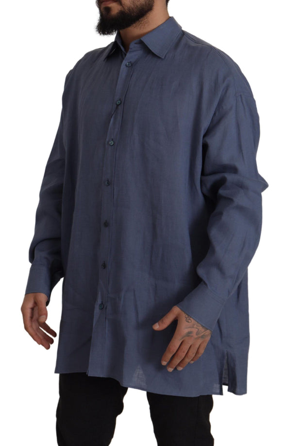 Elegant Dark Blue Linen Dress Shirt Dolce & Gabbana