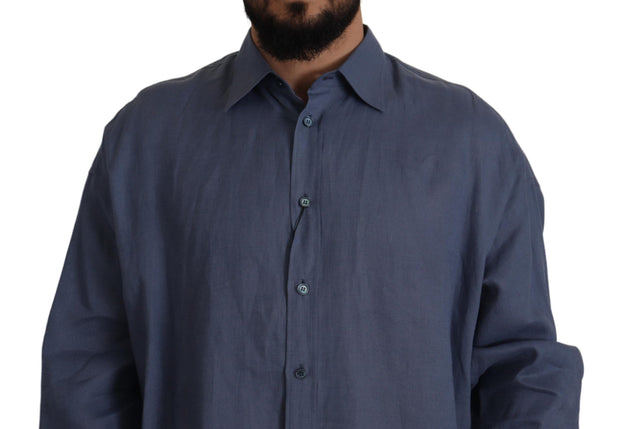 Elegant Dark Blue Linen Dress Shirt Dolce & Gabbana