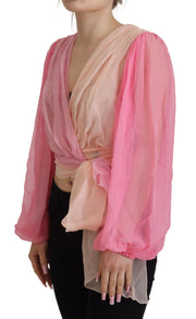 Silk V-Neckline Wrap Blouse in Pink Dolce & Gabbana