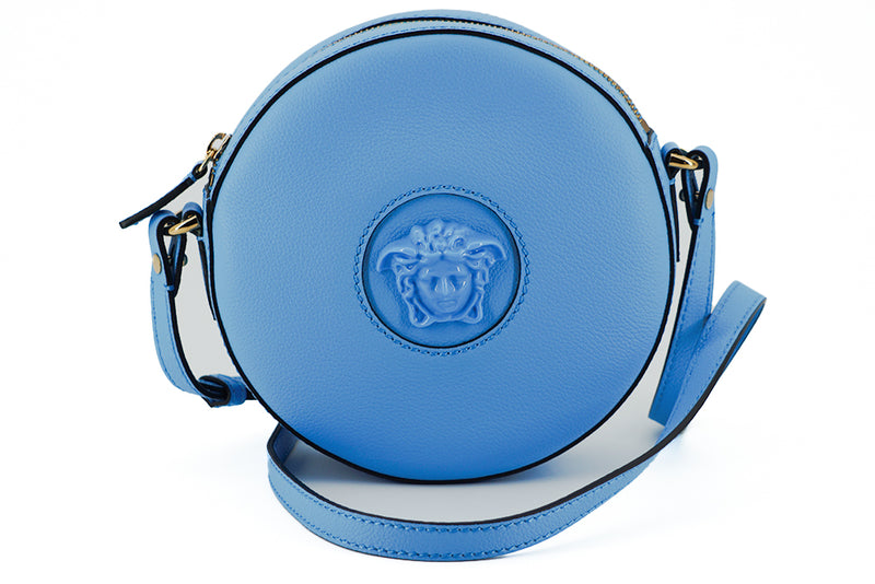 Chic Blue Leather Round Shoulder Bag Versace