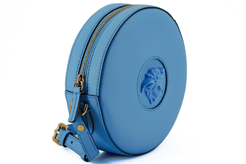 Chic Blue Leather Round Shoulder Bag Versace