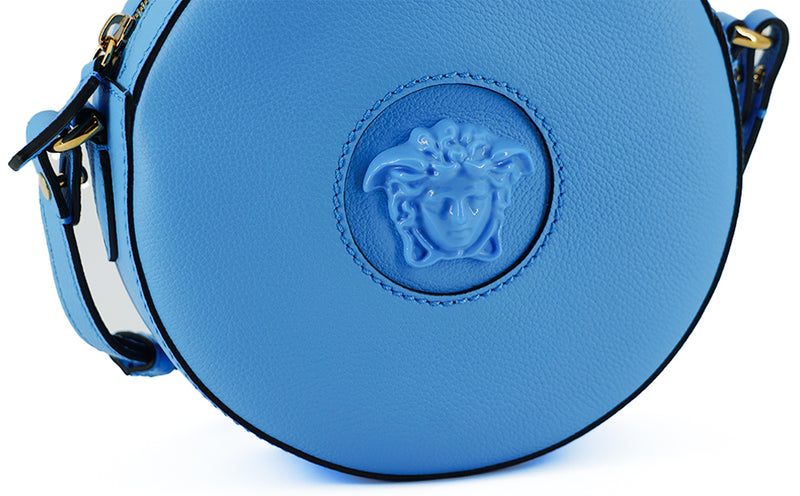 Chic Blue Leather Round Shoulder Bag Versace