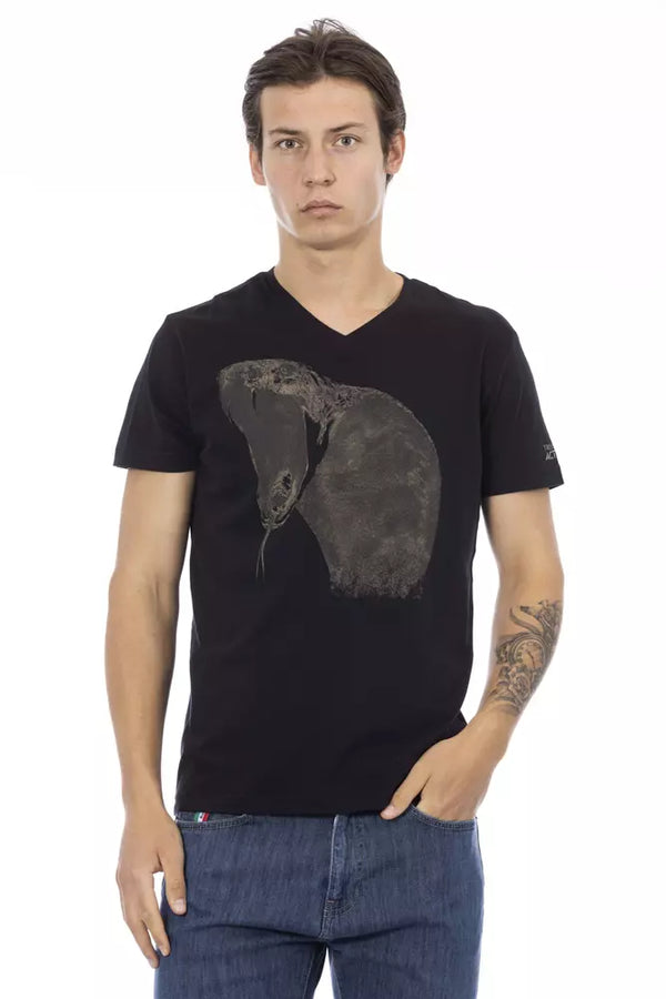 Black Cotton Men V-Neck T-Shirt Trussardi Action