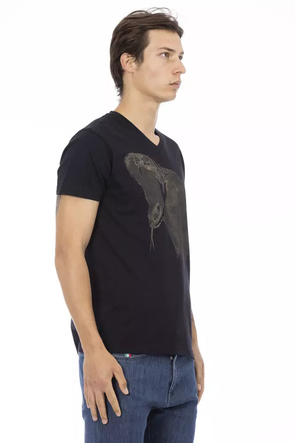 Black Cotton Men V-Neck T-Shirt Trussardi Action