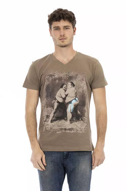 Brown Cotton Men's V-Neck T-Shirt Trussardi Action