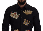 Elegant Black Slim Fit Dress Shirt with Crown Embroidery Dolce & Gabbana