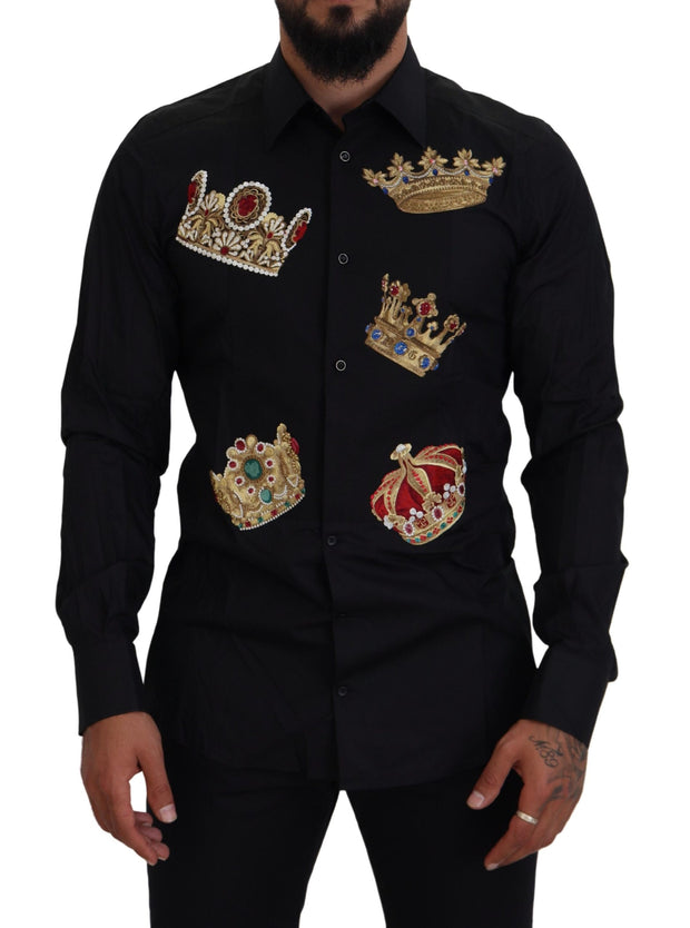 Elegant Black Slim Fit Dress Shirt with Crown Embroidery Dolce & Gabbana